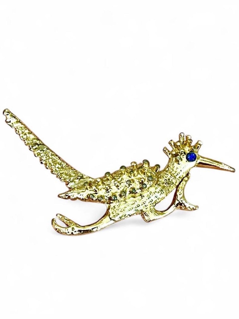 Vintage Roadrunner Bird Brooch Pin Blue Rhinestone Eye Gold Mid-Century Modern